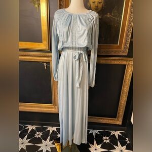 Vintage 70s Montgomery Ward Long Blue Dress with Lace S